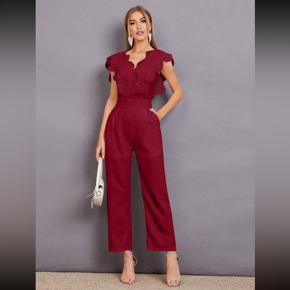 Modely Contrast Lace Scallop Trim Jumpsuit NWT